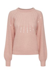 Weicher rosa gestrickter Pullover mit langen Ärmeln und subtilen vertikalen Paillettenakzenten, die vom Ausschnitt ausgehen.