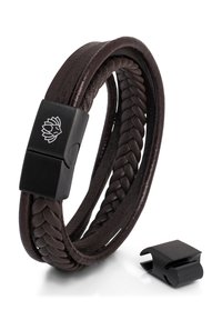 Braided brown leather bracelet featuring a matte black magnetic clasp with a lion emblem; smooth texture and circular shape.