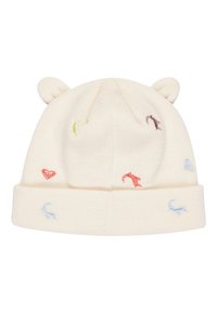Bonnet en tricot crème avec revers, ornée de motifs colorés brodés : cœurs, poissons et chèvres, ainsi que de petites oreilles de ours sur le dessus.