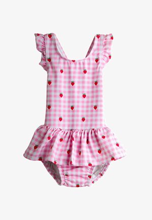 Costume da bagno per bambini a quadretti rosa e bianchi con stampa di fragole rosse, spalline arricciate e dettaglio di gonna svasata.