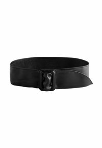 Ceinture en cuir noir avec un design large, une texture lisse et un détail de boucle nouée distinctif. Idéale pour diverses tenues.