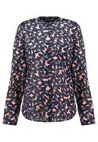 Långärmad blus med ett marinblått blommönster på en persikofärgad bakgrund, med knäppning fram och rak fåll. Lättviktsmaterial.