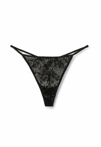 String noir avec des détails en sequins, doté d'un dos en mesh transparent. De fines bretelles longent les côtés, soulignant un design minimaliste.
