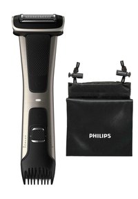 Rasoir électrique au design métallique argenté et noir, avec une prise texturée, des réglages de longueur ajustables et une pochette de rangement noire avec le logo "Philips".