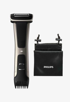 Elektrische scheermes met een metallic zilveren en zwart ontwerp, voorzien van een textuur grip, verstelbare lengtestanden en een zwarte opbergzak met het "Philips" logo.