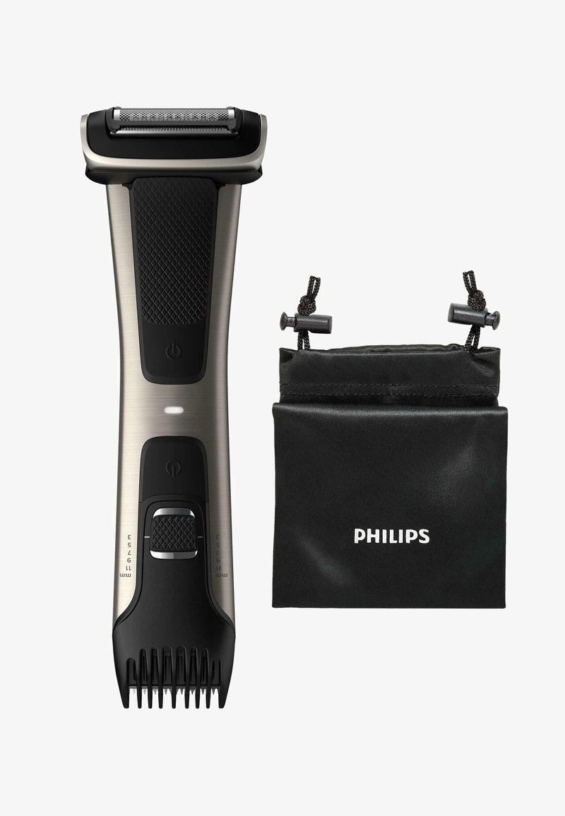 Elektrische scheermes met een metallic zilveren en zwart ontwerp, voorzien van een textuur grip, verstelbare lengtestanden en een zwarte opbergzak met het "Philips" logo.