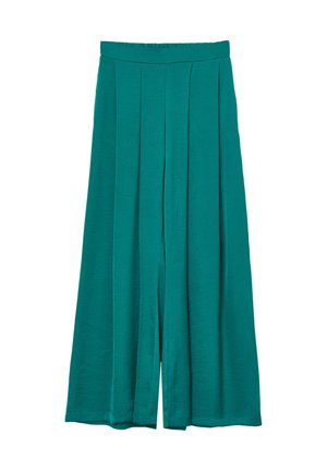 Teal wide-leg trousers made from lightweight fabric, featuring pleats at the front, an elastic waistband, and a smooth texture throughout.