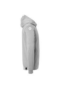 Grijze hoodie met een trekkoord, zijzakken en geribbelde manchetten. Bevat een logo op de linkerschouder en een label op de onderzoom.