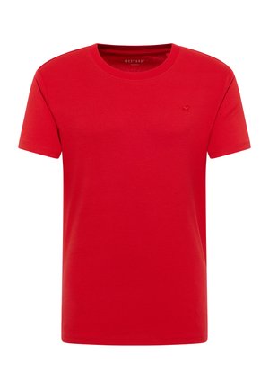 Red short-sleeve t-shirt made from cotton, featuring a round neck, smooth texture, and a small embroidered logo on the chest.
