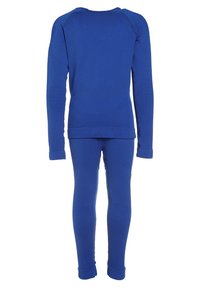 Langärmliges Oberteil und Leggings-Set in Blau aus strukturiertem Material. Mit einem Rundhalsausschnitt und enganliegenden Bündchen an Ärmeln und Knöcheln.