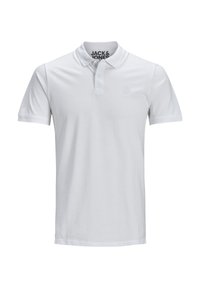 Weißes Polohemd aus glattem Baumwollstoff, mit einer Knopfleiste mit drei Knöpfen, kurzen Ärmeln und einem dezenten Logo auf der Brust.