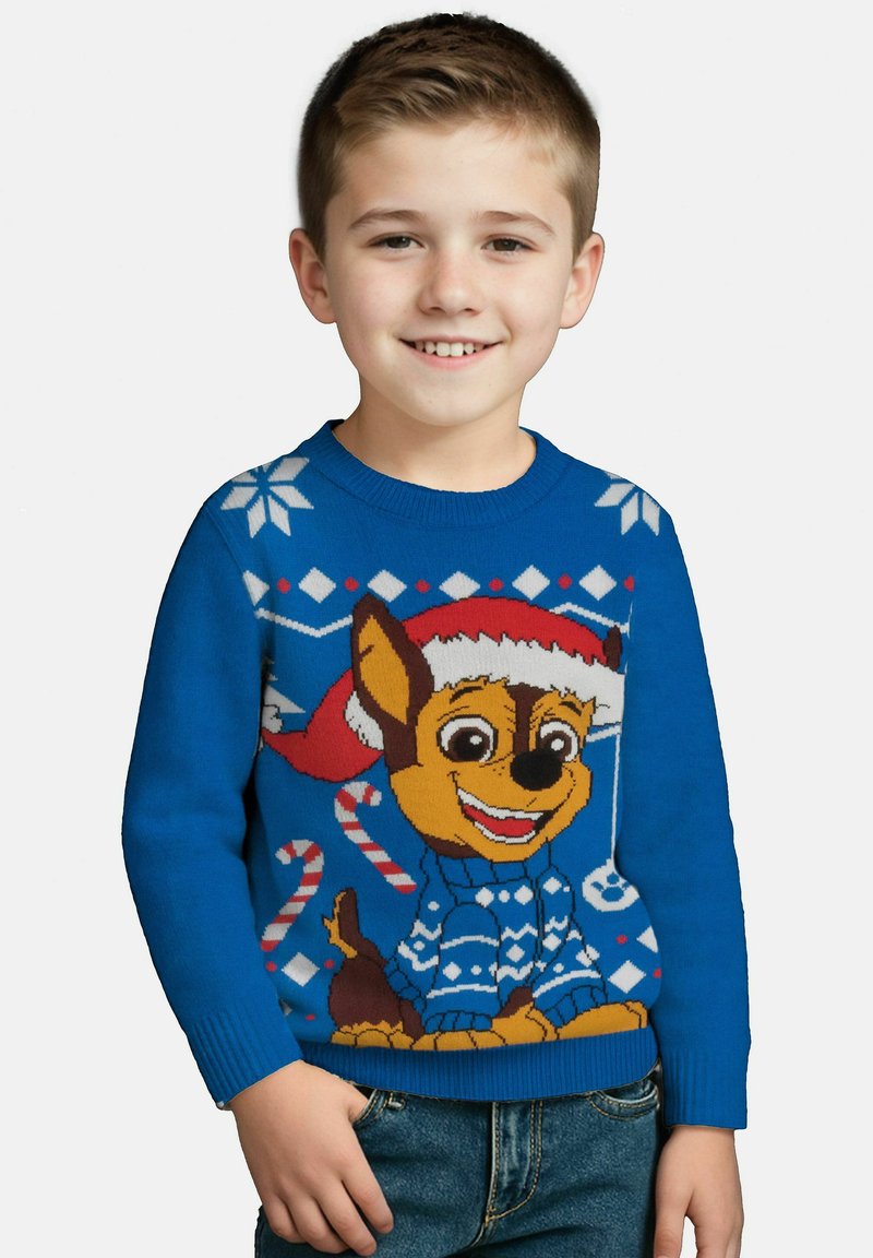 Maglione azzurro in maglia con un design di un cane dei cartoni animati che indossa un cappello rosso, bastoncini di zucchero e fiocchi di neve. Maniche e orlo a coste, vestibilità comoda.