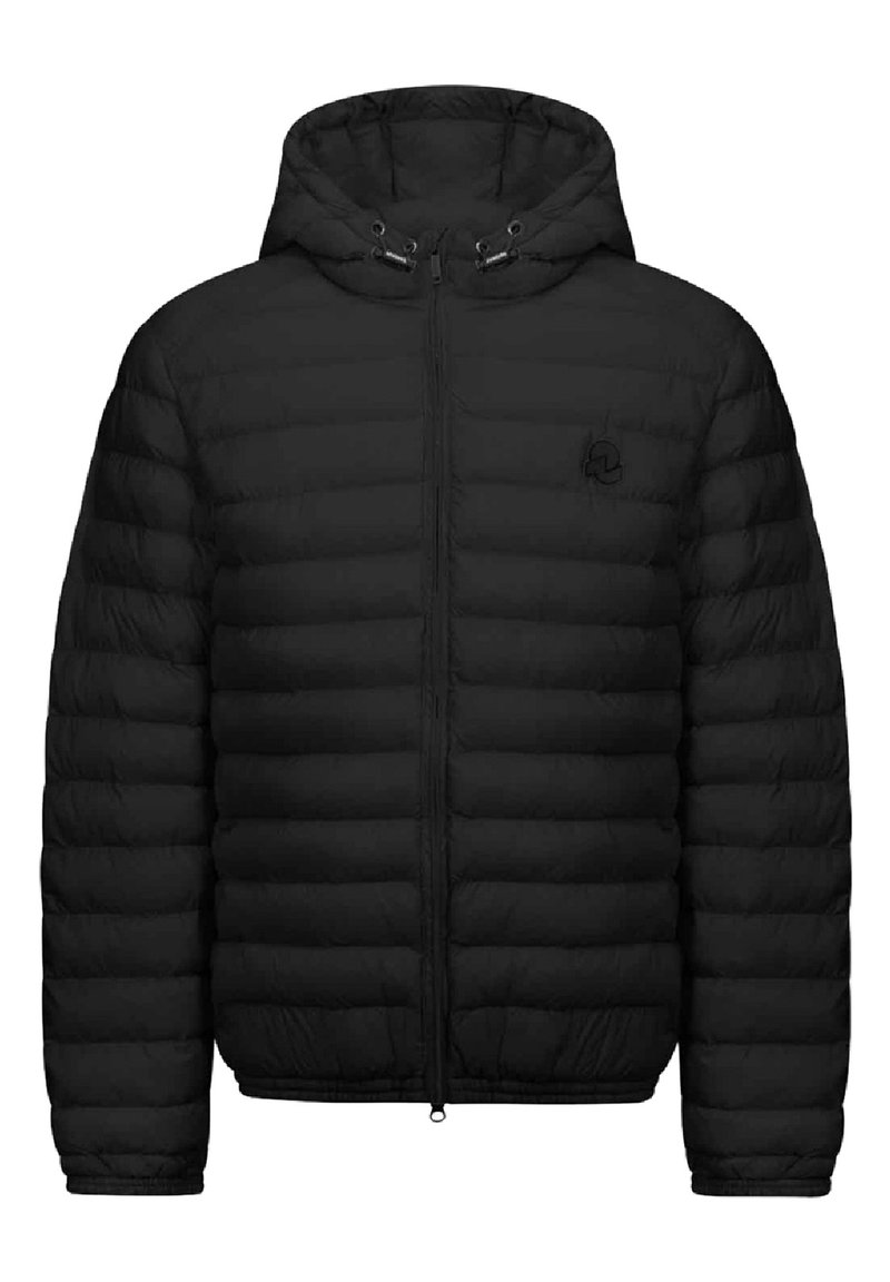 Giacca a puffo nera con chiusura a zip, cappuccio, texture trapuntata e un piccolo logo sul petto. Presenta lacci regolabili sul cappuccio.