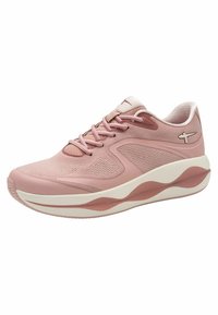 Pink athletic shoe with a mesh and synthetic upper, textured patterns on the sides, and a layered white and pink sole design.