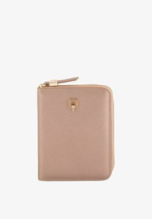 Rose gold zippered wallet with a textured surface, gold hardware accents, and a small square logo detail on the front.