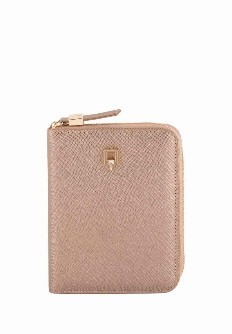 Portfel na zamek w kolorze różowego złota z teksturowaną powierzchnią, złotymi elementami ozdobnymi oraz małym kwadratowym logo na przodzie.