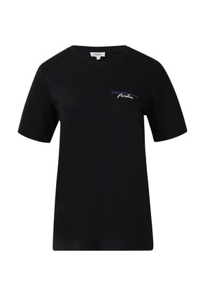 Schwarzes Baumwoll-T-Shirt mit kurzen Ärmeln. Auf der Vorderseite befindet sich der Text "DIE ESSENZ DER FREIHEIT" in blauer und weißer Stickerei.
