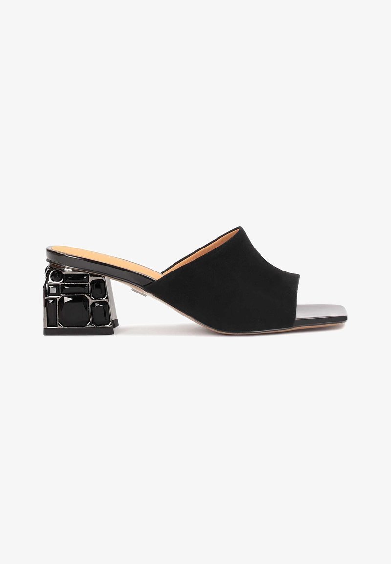 Mule noire à bout ouvert avec talon bloc à motif géométrique et dessus lisse, vue de côté sur fond blanc.