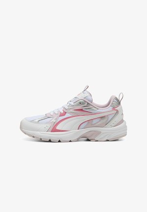 White athletic shoe with pink and silver accents, featuring a mesh upper, cushioned sole, and plastic overlays for added support.