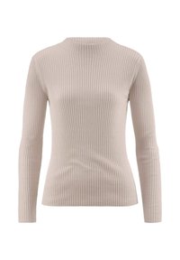 Beige geripptes Sweatshirt mit einem hohen Kragen und langen Ärmeln, das eine figurschmeichelnde Silhouette und eine glatte Textur aufweist.