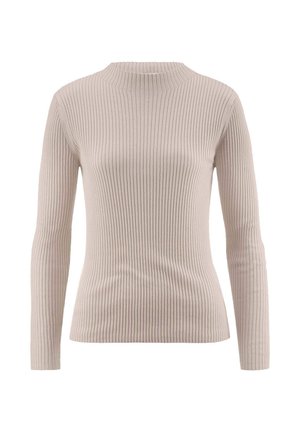 Beige geribbelde trui met een hoge hals en lange mouwen, met een getailleerde pasvorm en een gladde textuur.