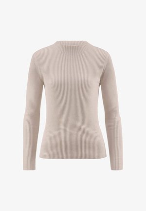 Beige geripptes Sweatshirt mit einem hohen Kragen und langen Ärmeln, das eine figurschmeichelnde Silhouette und eine glatte Textur aufweist.