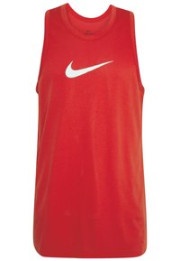 Débardeur rouge sans manches Nike avec un col rond, tissu en mesh, et un logo Nike Swoosh blanc sur le devant.
