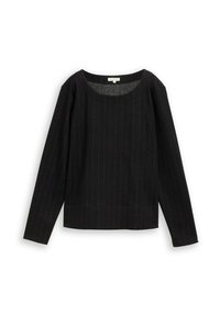 Czarny top z długim rękawem wykonany z miękkiego materiału, z dekoltem w łódkę i pionowymi paskami w nieco jaśniejszym odcieniu. Regularny krój, gładki dół.