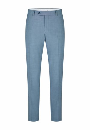 Jasnoniebieskie, męskie spodnie wizytowe o kroju dopasowanym z subtelnym wzorem w kratę, z zapięciem na guzik i szlufkami na pasek, pokazane z przodu na białym tle.