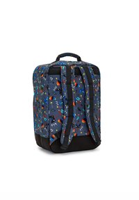 Rucksack aus navy-mustertem Stoff mit bunten Icons im Gaming- und Technik-Thema, schwarzem Grund und gepolsterten, verstellbaren Schultergurten.