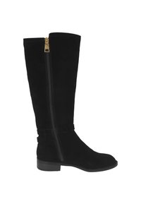 Svart mocka knähög sko med sidodragkedja, flat sula och dekorativa remmar vid fotleden. Texturerad yta, minimalistisk design.