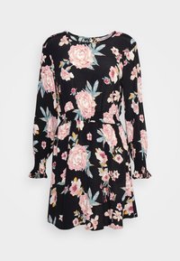Svart långärmad klänning med rosa och vita blommönster, åtsittande midja och lätt volangdetalj vid ärmsluten.