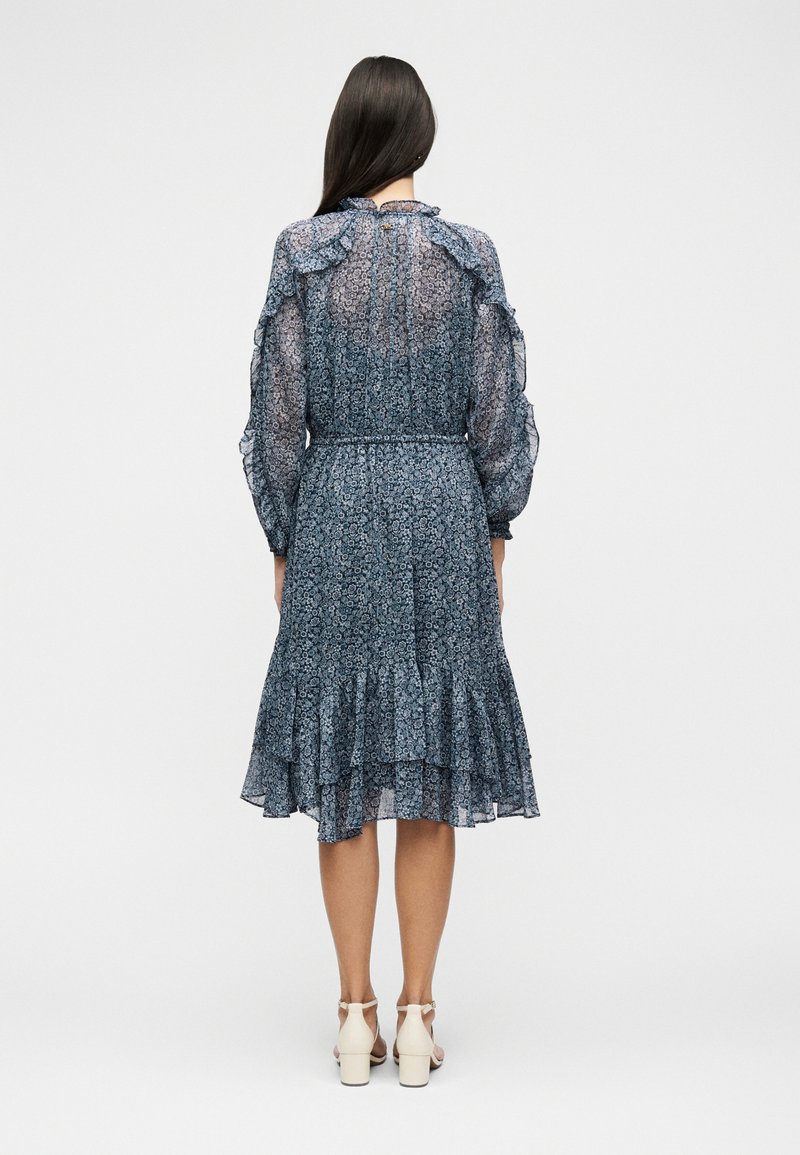 michael michael kors floral chiffon tiered dress RUFFLE MIDI - Day dress - midnight blue/dark blue line silhouette combine to Spaghetti Straps Prom Dresses Size:M - 8/10 Short Sleeve Crew Neck
