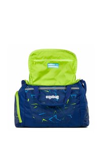 Blaugrüner ergonomischer Duffelbag mit geometrischen Mustern, aus Nylonmaterial, geräumigem Hauptfach und Reißverschluss oben.