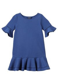 Blaues Baumwollkleid mit kurzen, gerüschten Ärmeln, einem ausgestellten Saum und dekorativen Nähten entlang der Ärmelränder. Klassischer runder Ausschnitt.
