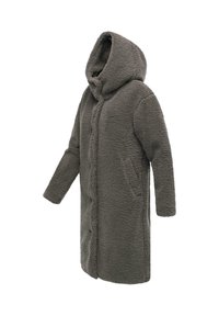 Fleece jas in donkergrijs met een capuchon, lange mouwen en een sluiting met knopen aan de voorkant. Bevat twee zijzakken en heeft een zachte textuur.