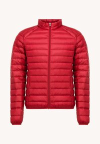 Rode pufferjack met een ritssluiting aan de voorkant, gequilt patroon, hoge kraag en elastische manchetten. Gemaakt van lichtgewicht, glanzend materiaal.
