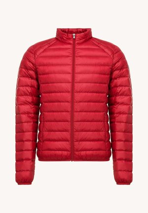 Veste matelassée rouge avec fermeture éclair à l'avant, motif matelassé, col haut et poignets élastiques. Fabriquée en matériau léger et brillant.