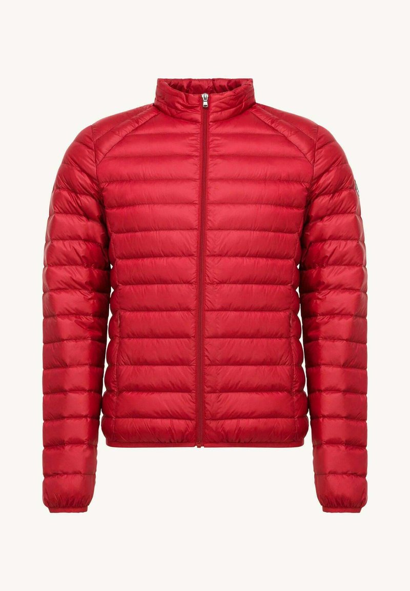 Rode pufferjack met een ritssluiting aan de voorkant, gequilt patroon, hoge kraag en elastische manchetten. Gemaakt van lichtgewicht, glanzend materiaal.