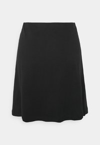 Saia preta em corte A, feita de tecido suave, com uma textura lisa, design de comprimento médio e um cós elástico para conforto.