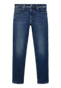 Pantalones vaqueros de mezclilla azul oscuro con corte recto, cinco bolsillos y cierre de botón. Presentan un ligero desgaste y costura en contraste.