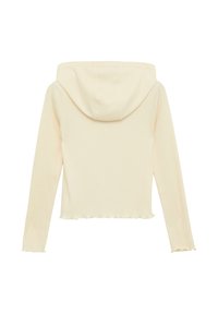 Crèmekleurige geribde hoodie met een gegolfde zoom en lange mouwen. Heeft een ronde capuchon en een zachte textuur, ontworpen voor casual gebruik.