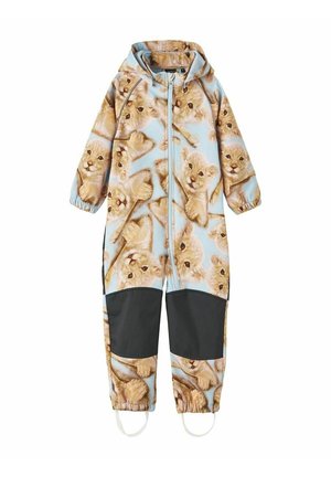 Combinaison à capuche pour enfants avec fond bleu clair, imprimés de petits lions, genoux en patch noir, poignets élastiques et sangles pour les pieds.