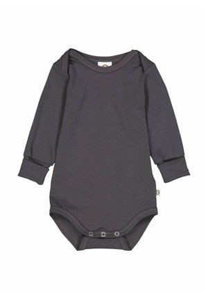 Body niemowlęce z długim rękawem w ciemnoszarym kolorze, z okrągłym dekoltem, miękkiego materiału oraz zatrzaskami na dole, ułatwiającymi ubieranie.