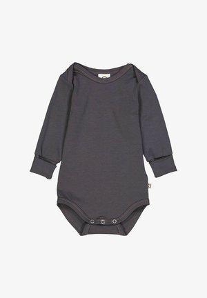 Body per neonato a maniche lunghe di colore grigio scuro, con collo rotondo, tessuto morbido e chiusure a pressione sul fondo per una facile vestizione.