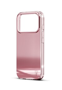Funda de teléfono rosa translúcida con un recorte rectangular, textura suave, bordes redondeados y botones laterales. Presenta el nombre de la marca en la parte inferior.