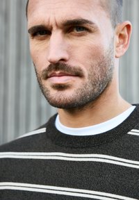 Donker trui met witte horizontale strepen, ronde hals en textured stof. Model heeft een getrimde baard en kort, licht haar.