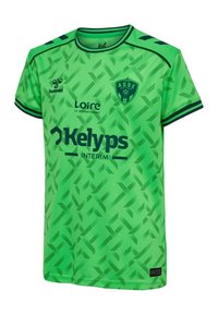 Maglia da calcio verde dell'ASSE Saint-Étienne con motivi geometrici verde scuro, loghi degli sponsor Hummel, Loire e Kelyps Interim.