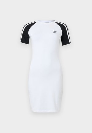 Rochie albă cu mâneci scurte negre, având dungi orizontale negre �și un mic logo Adidas negru pe piept.