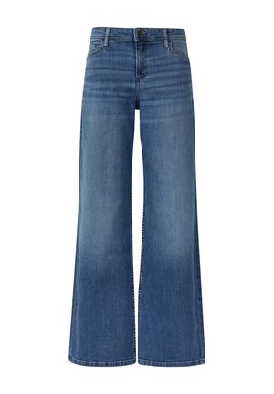 Jean à jambes larges en denim bleu moyen avec une texture lisse. Caractéristiques : design classique à cinq poches et fermeture par bouton.